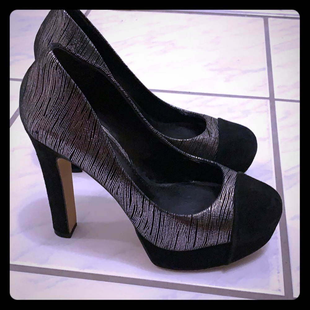 Black suede Vince Camuto heels with silver detail